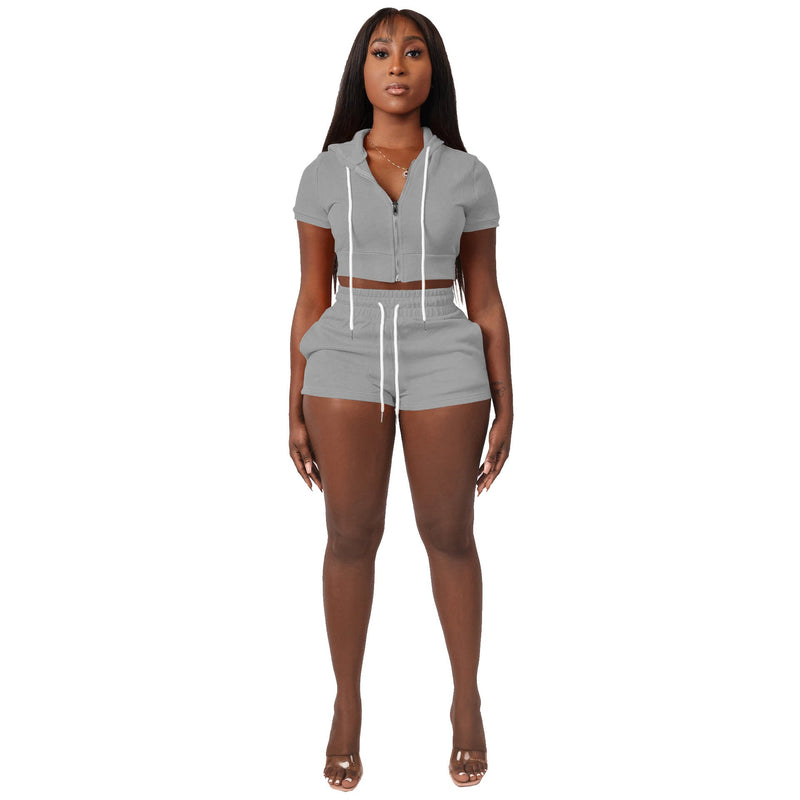 Clothing Supply Zipper Cardigan Color Short Top Hoodie Two Piece Set Set