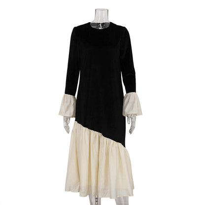 Korean Velvet Autumn French Stitching Round Neck Flared Sleeves Dress Loose Maxi Dress Clothing