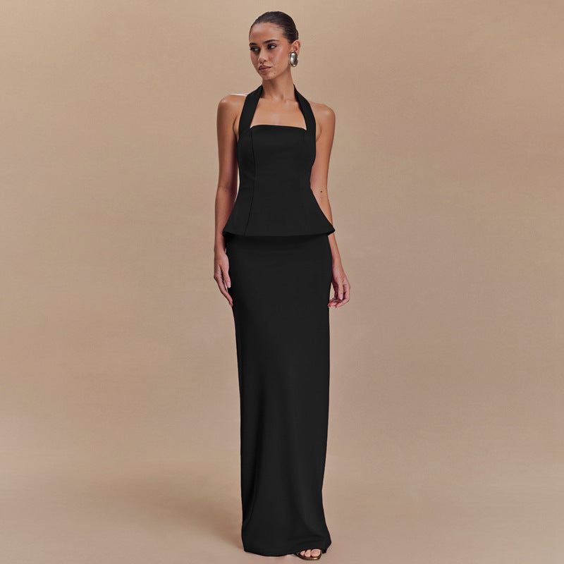 Spring Color Halter Top Backless Slim Fit Maxi Dress Two Piece Set