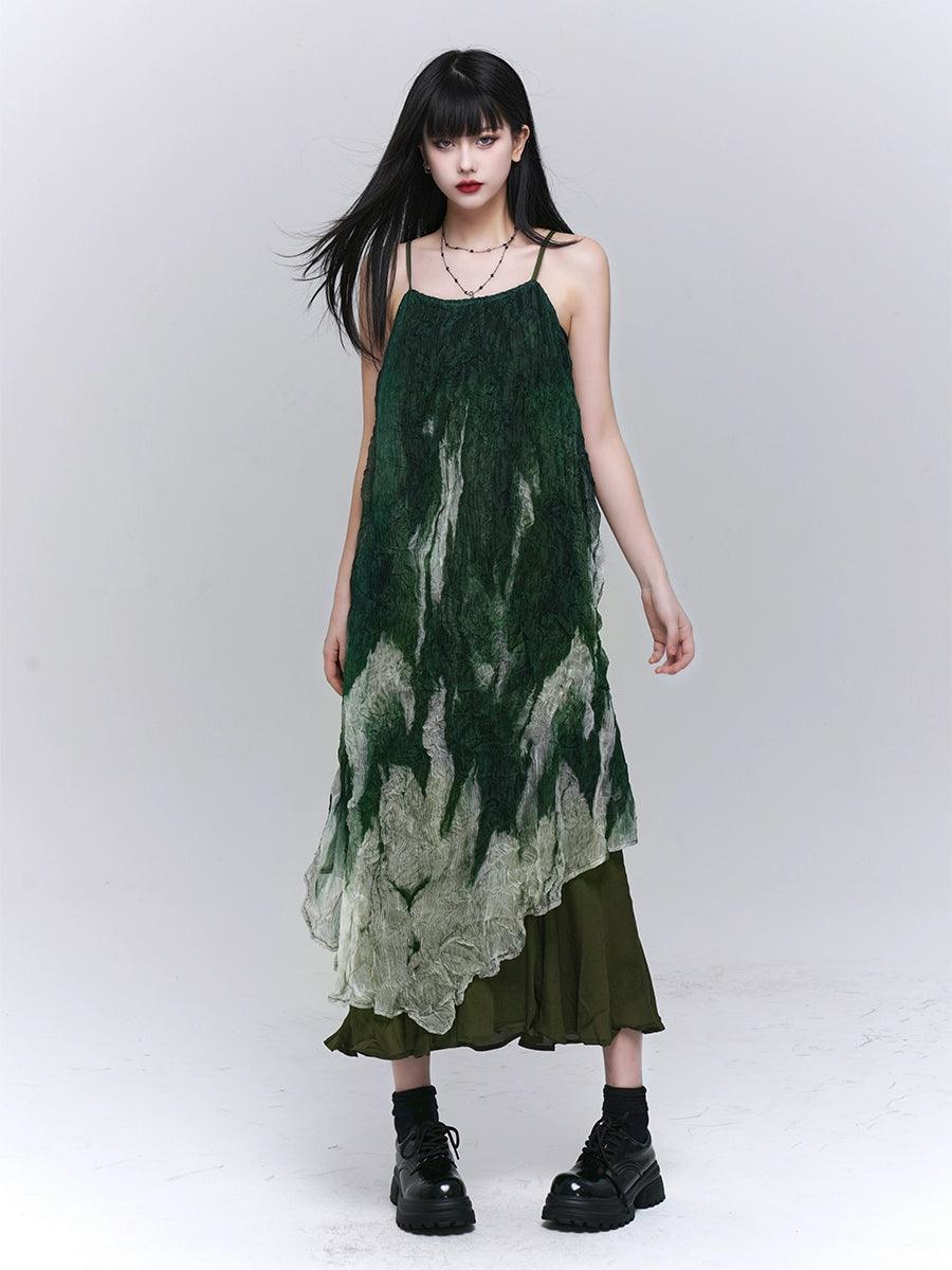 Ladyghost Forest Sprite Layered Maxi Dress - Green Ombre Tie-dye Slip Dress With Asymmetrical Hem