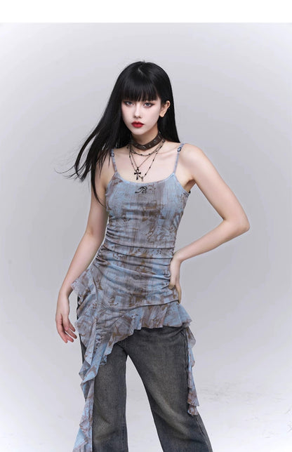 Ladyghost Grunge Fairy Asymmetrical Cami Dress - Tie-dye Ruched Mini Dress With Ruffle Hem