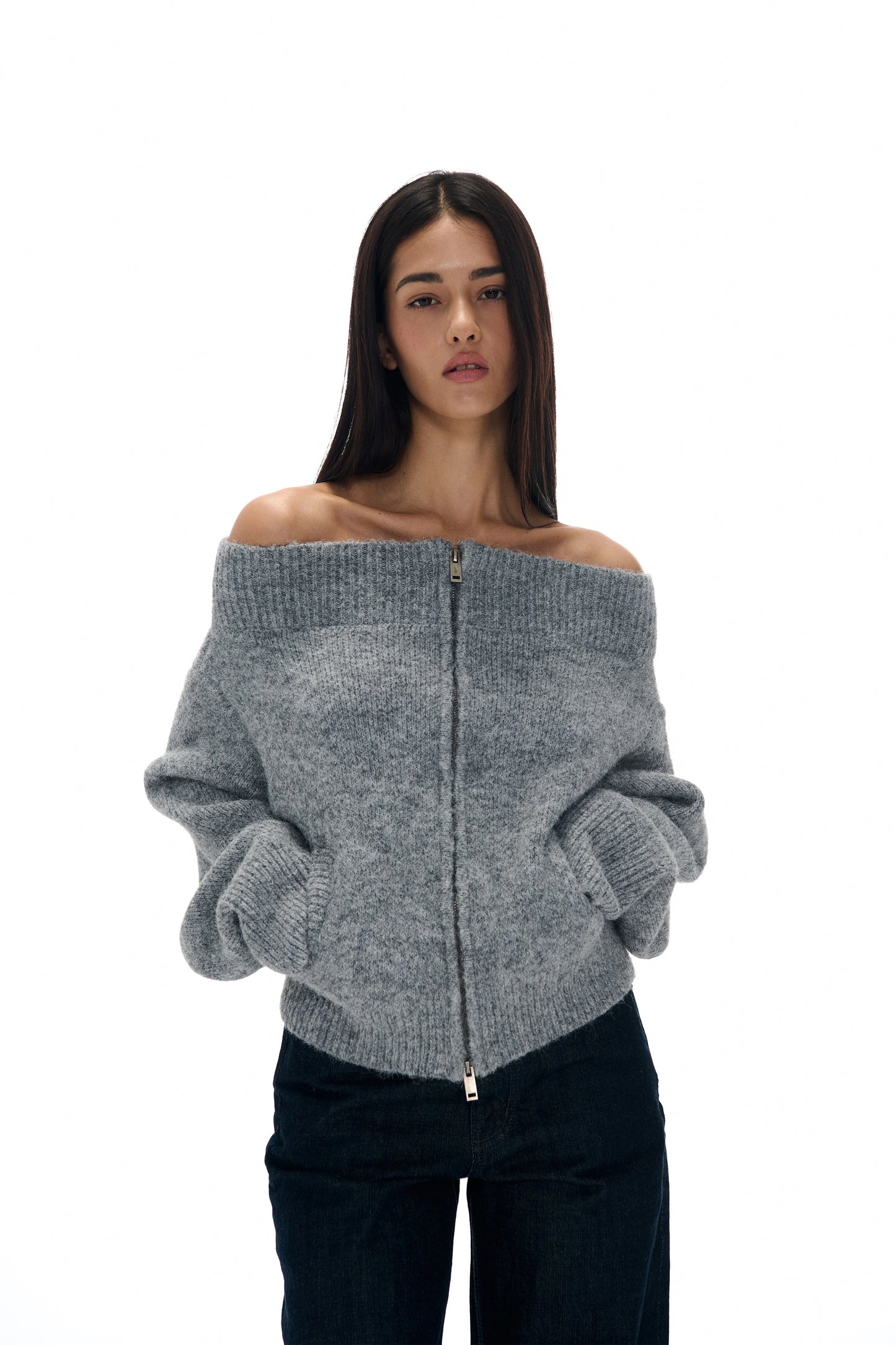 Off-the-shoulder Zipper Knit Cardigan
