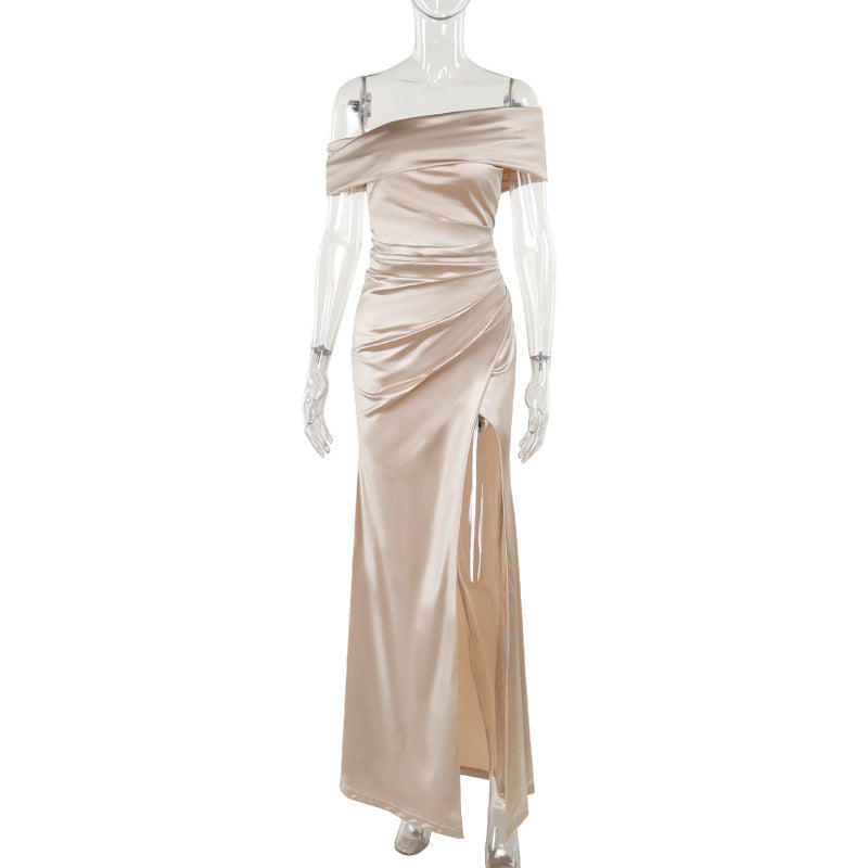 Mercerized Off the Shoulder Gown Split Dress Socialite Clothing Split Maxi Dress