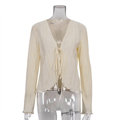 Summer Cardigan Lace-up Slim Flared Long Sleeve Pleated Shirt French Textured