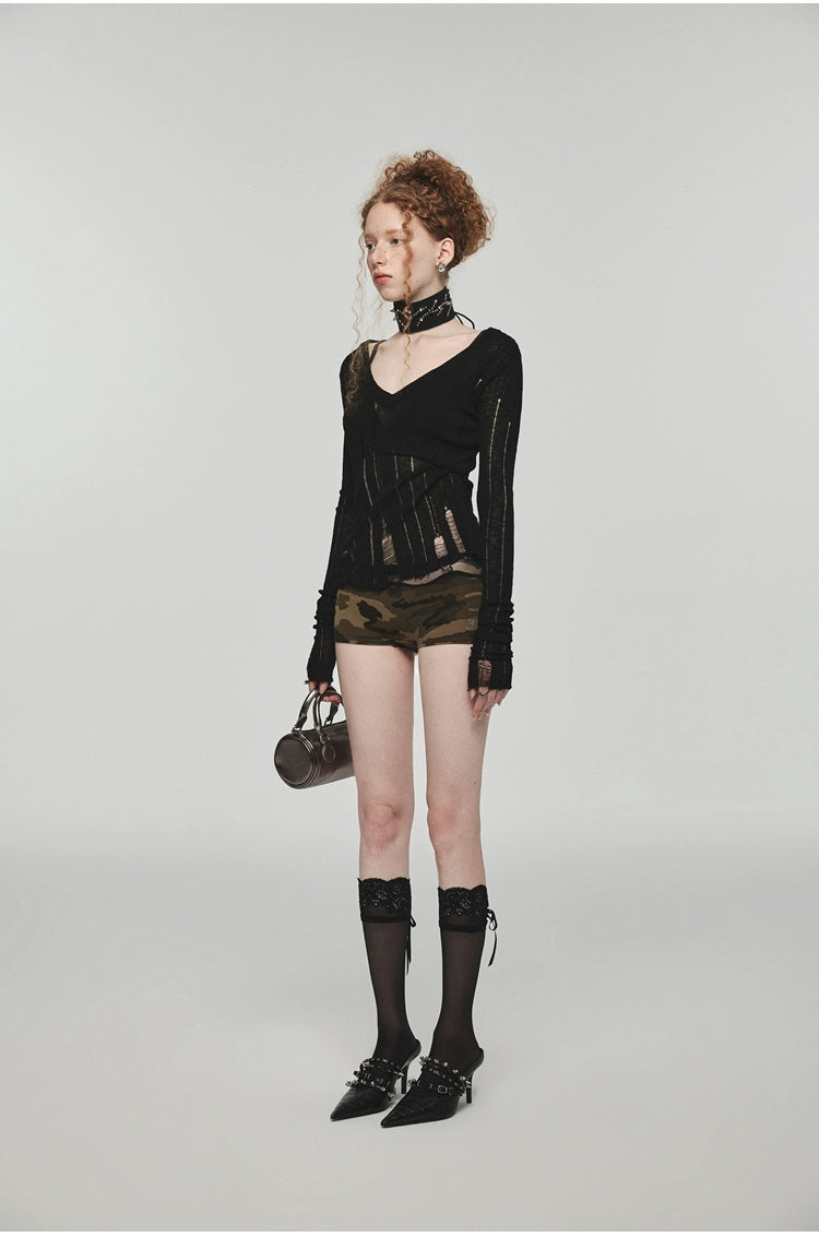 Hollow-out V-neck Thin Cardigan With Distressed Waist Knit Top