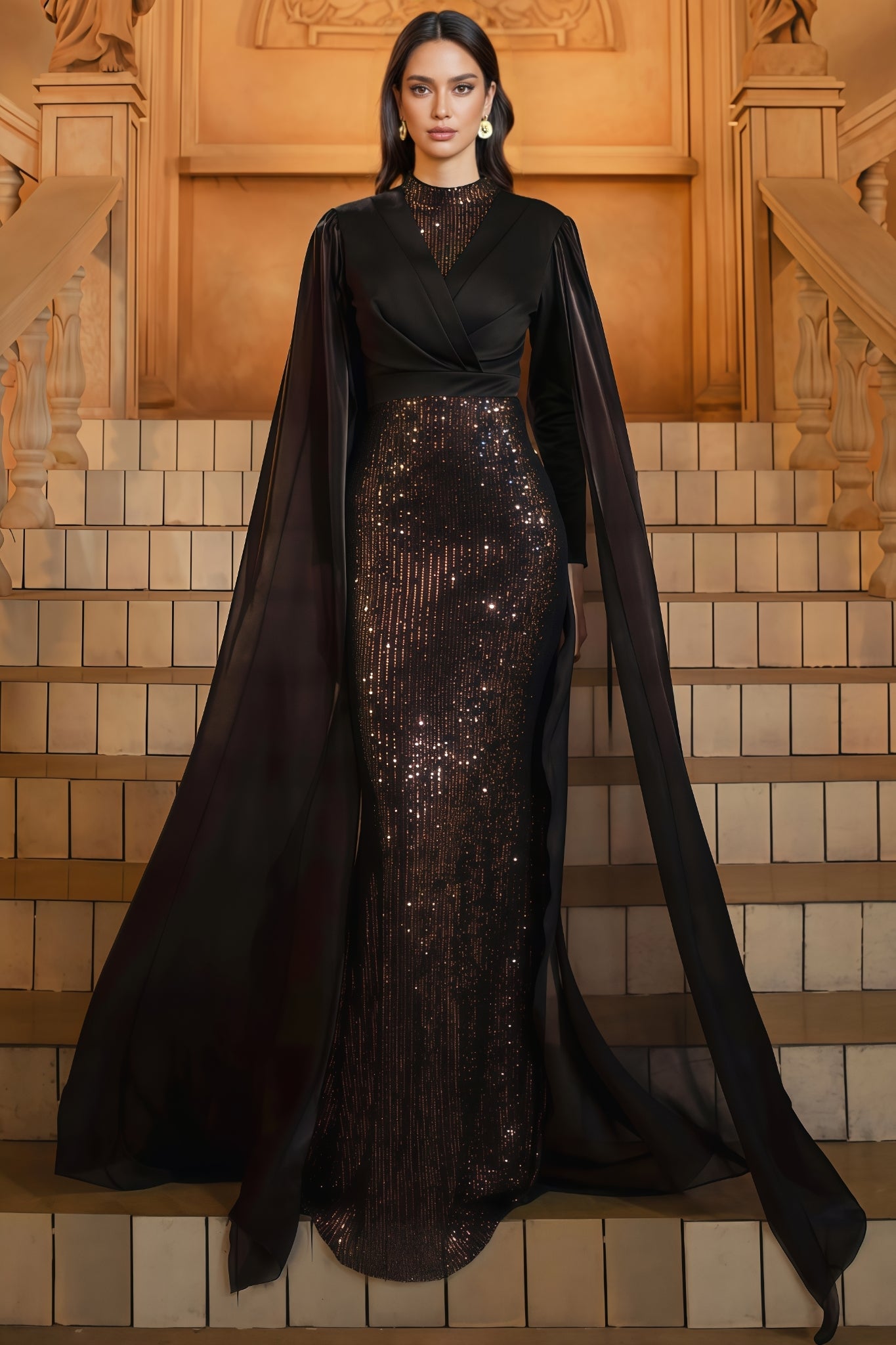 Mirt Black Round Neck Sequin Maxi Dress