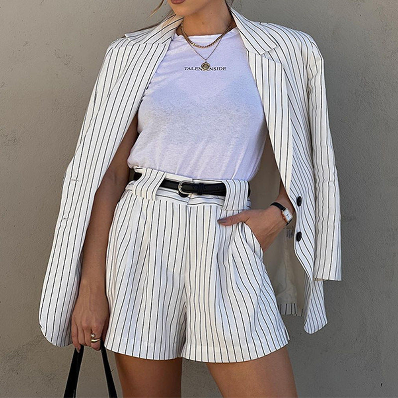 Autumn Fashionable Striped Long Sleeve Shorts Two Piece Set