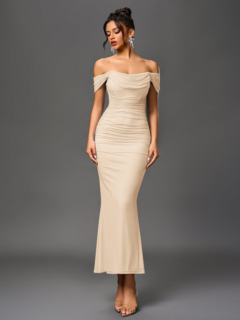 Off Shoulder Ruched Zipper Back Bodycon Dress