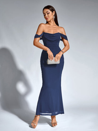 Off Shoulder Ruched Zipper Back Bodycon Dress