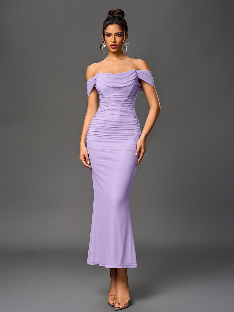 Off Shoulder Ruched Zipper Back Bodycon Dress