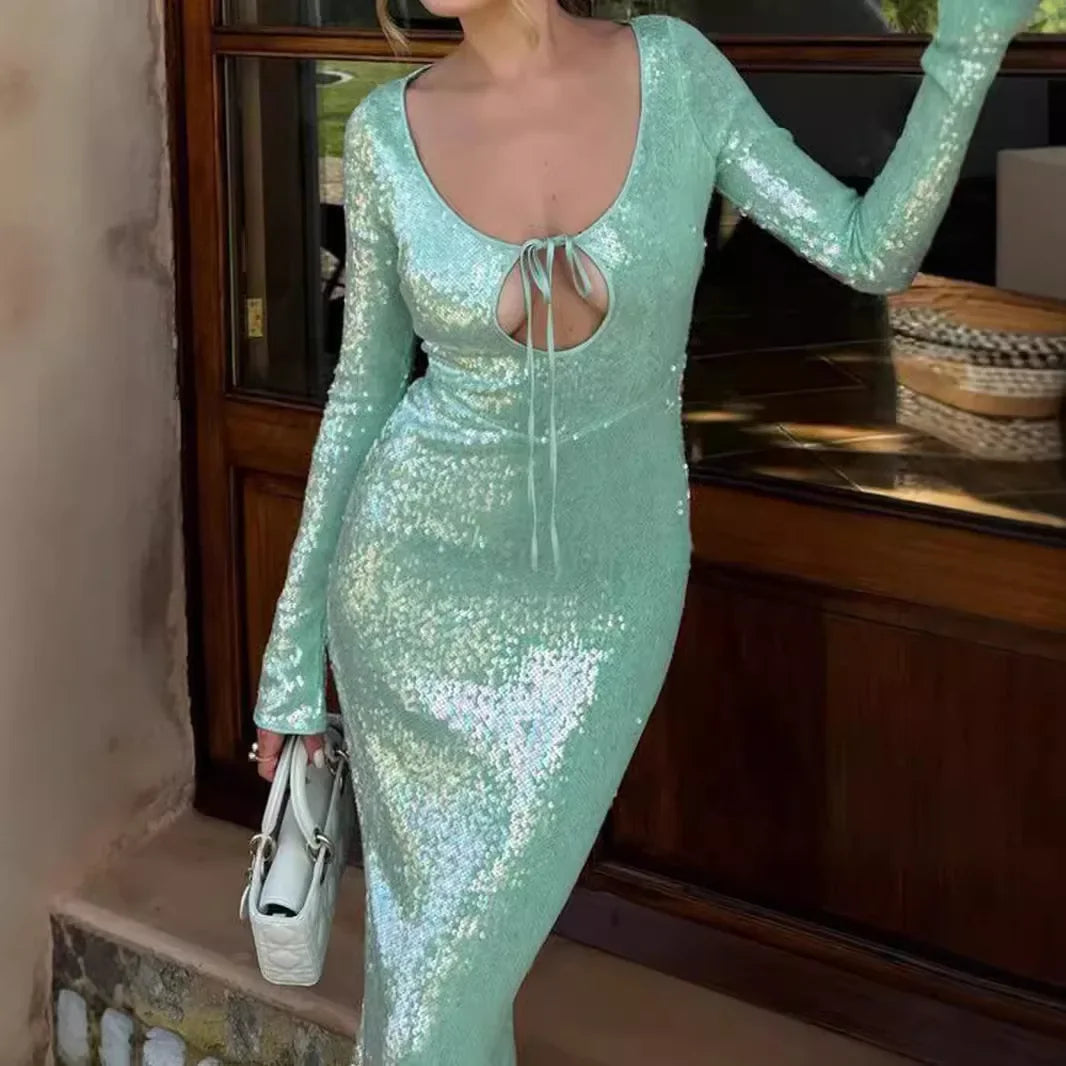 Sequins Maxi Dress for Formal Occasions - Long Sleeve Wedding and Christmas Party Dress