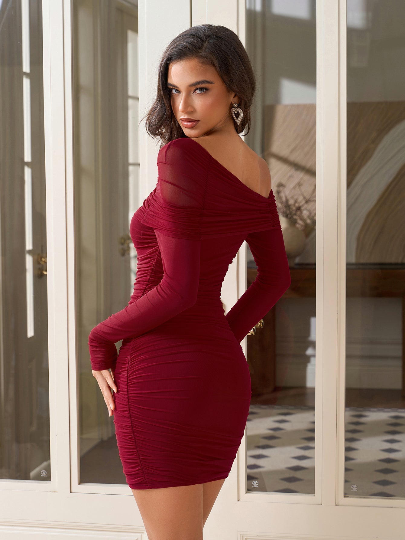 One Shoulder Ruched Bodycon Mesh Mini Dress