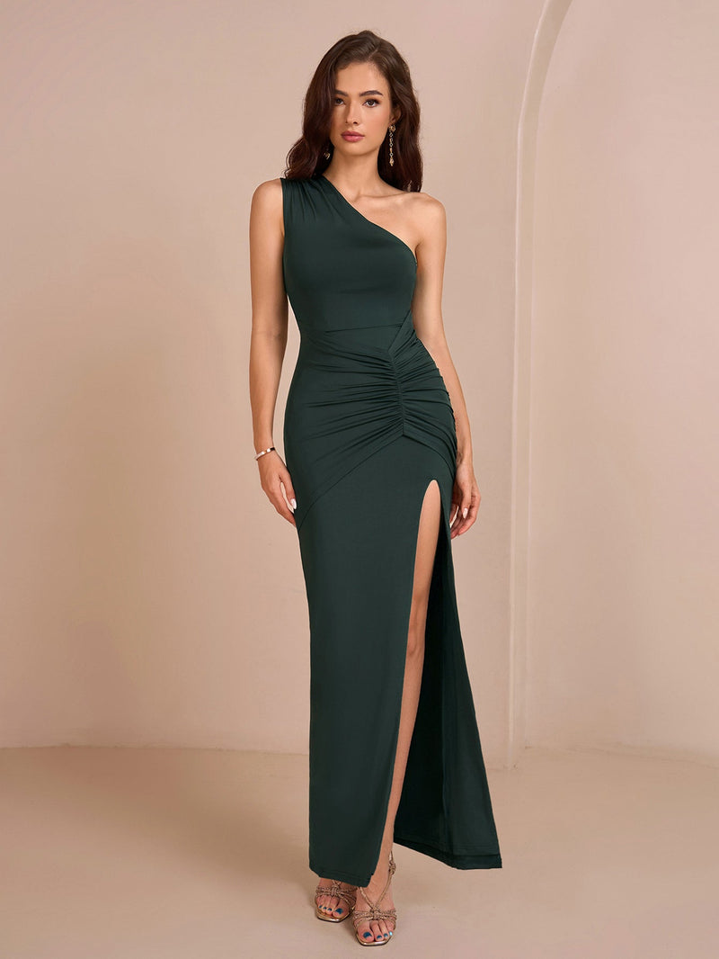 One Shoulder Ruched Waist Split Thigh Dress