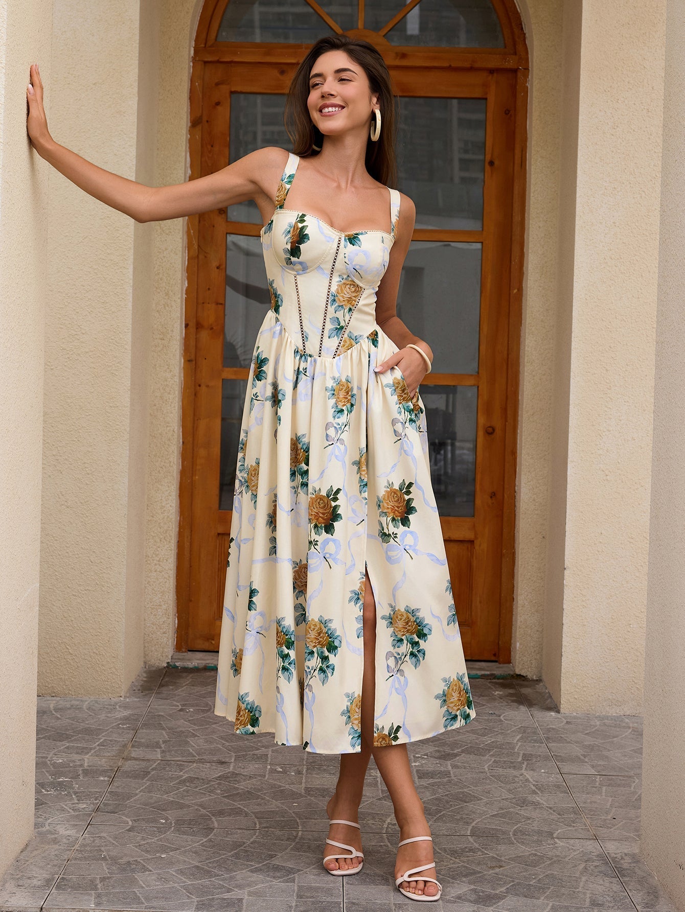 Openwork Split Thigh Pocket Print Dress