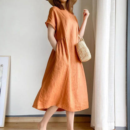 Orange O-neck Loose Pullover Korean Mid-calf Spring Midi Dresses