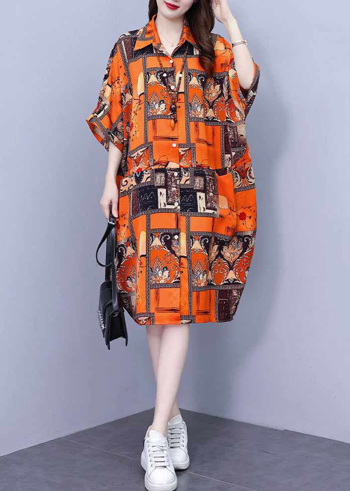 Orange Pockets Cotton Blouses Dress Peter Pan Collar Summer Nn026