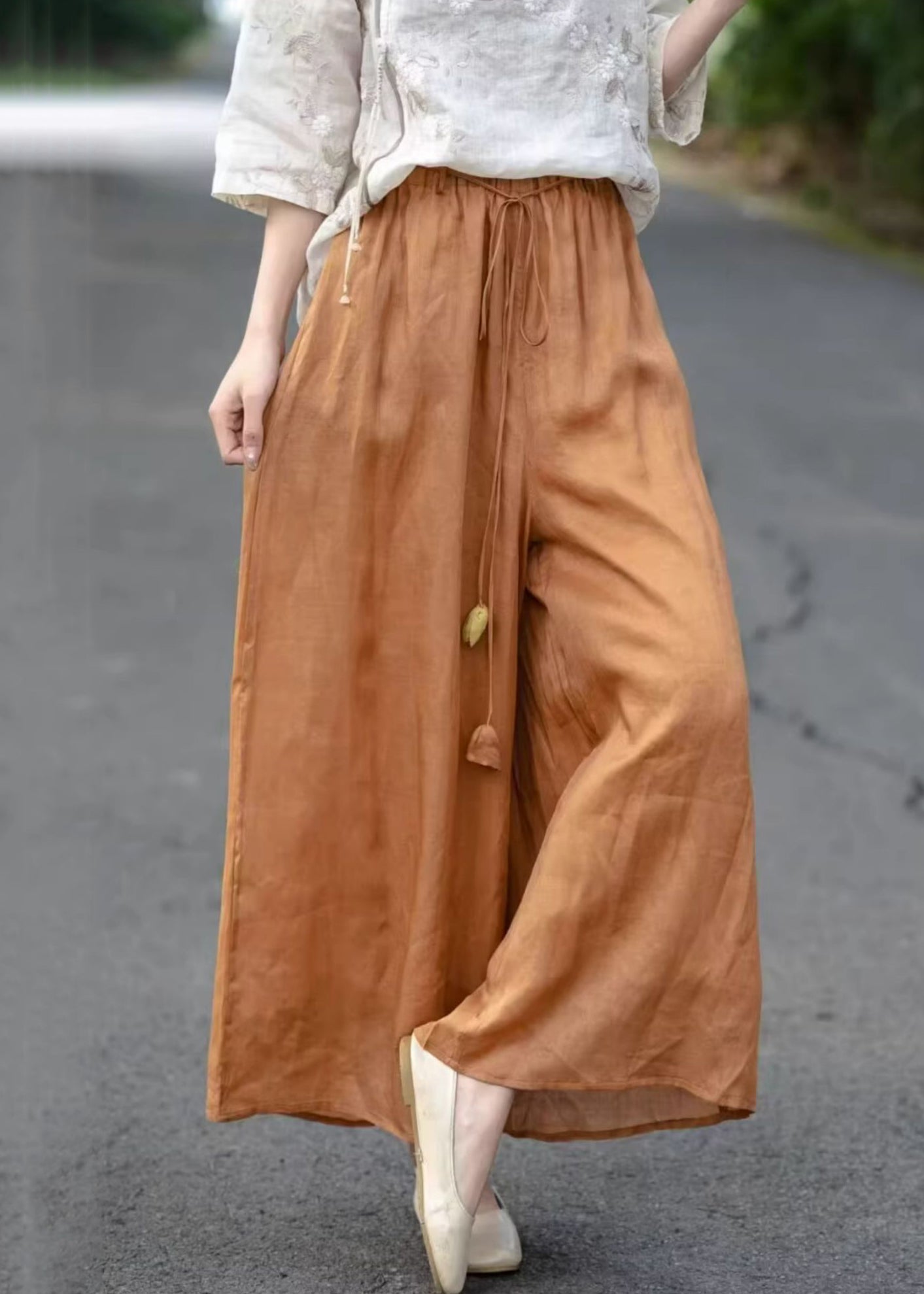 Crop Elastic Waist Orange Pockets Pants Summer Cotton