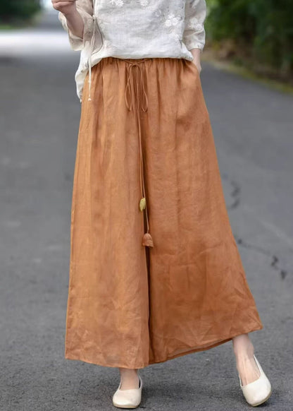 Elastic Cotton Orange Pants Pockets Crop Summer Waist
