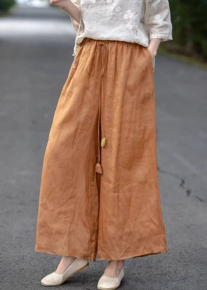 Elastic Cotton Orange Pants Pockets Crop Summer Waist