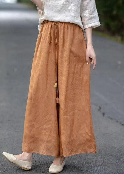 Elastic Cotton Orange Pants Pockets Crop Summer Waist