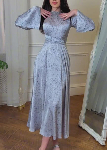 Organic Blue Lace Up Print Silk Maxi Dresses Fall Ql035