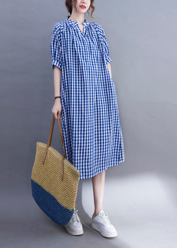 Organic Blue V Neck Plaid Cotton Long Dress Summer Ac2051