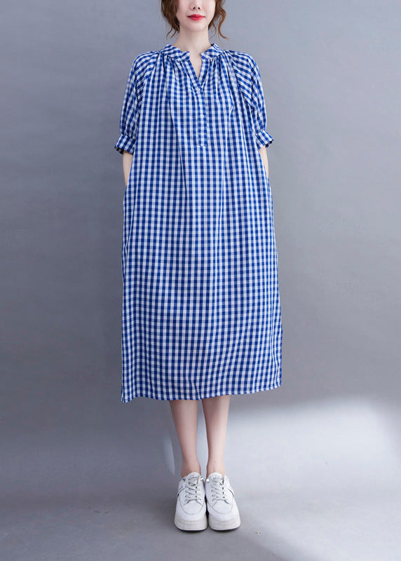 Organic Blue V Neck Plaid Cotton Long Dress Summer Ac2051