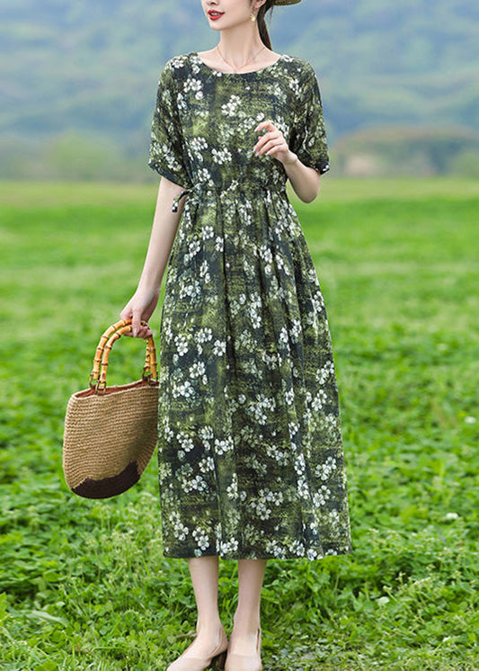 Organic Green O-neck Print Slim Tie Waist Linen Maxi Dresses Short Sleeve Ly1740