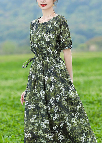 Organic Green O-neck Print Slim Tie Waist Linen Maxi Dresses Short Sleeve Ly1740