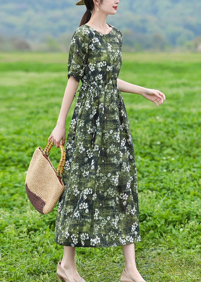 Organic Green O-neck Print Slim Tie Waist Linen Maxi Dresses Short Sleeve Ly1740