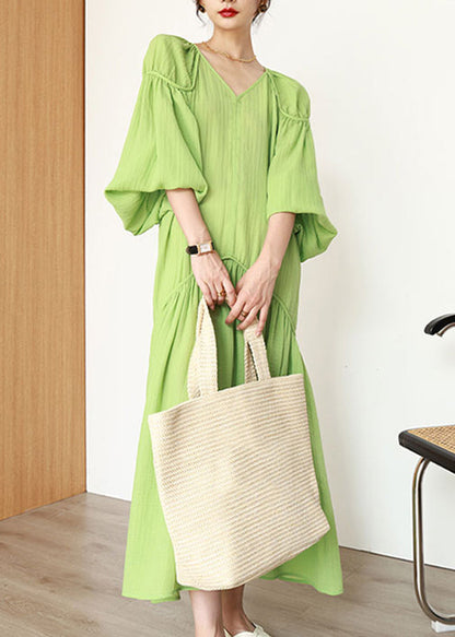 Organic Green V Neck Wrinkled Patchwork Long Dresses Lantern Sleeve Uu1039