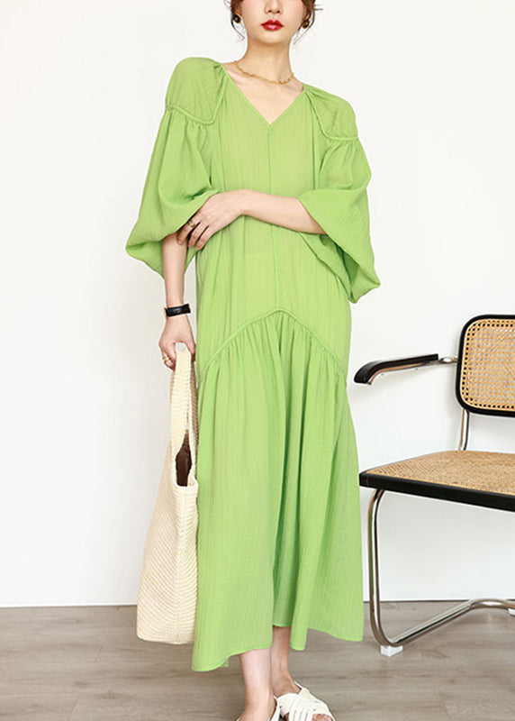 Organic Green V Neck Wrinkled Patchwork Long Dresses Lantern Sleeve Uu1039