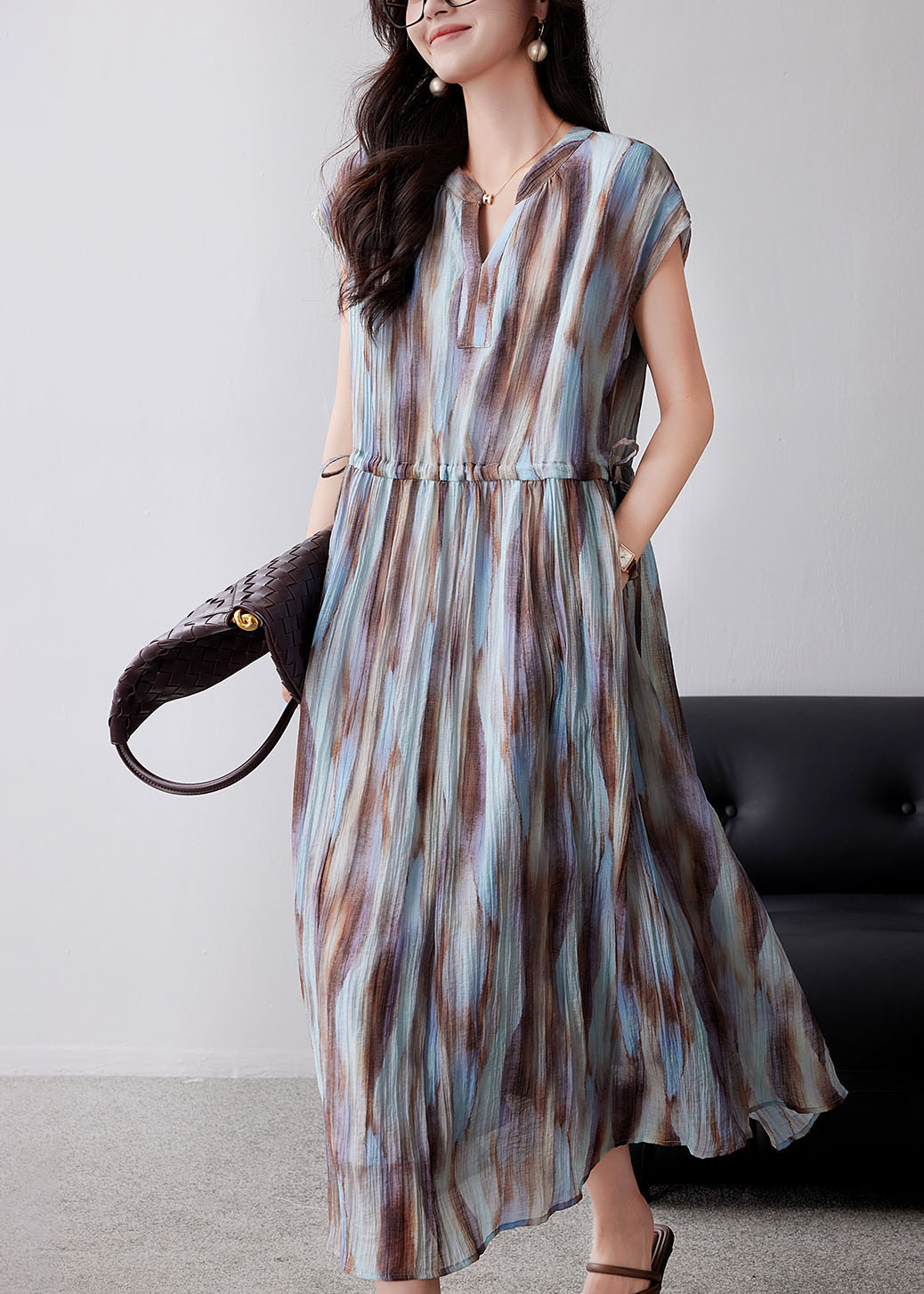 Organic Khaki Cinched Tie Dye Chiffon Maxi Dresses Summer Yy010