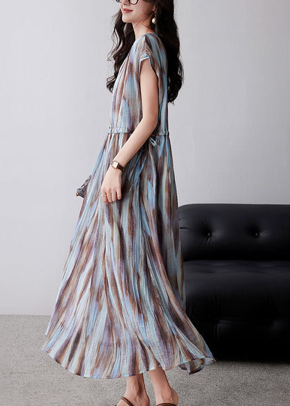 Organic Khaki Cinched Tie Dye Chiffon Maxi Dresses Summer Yy010