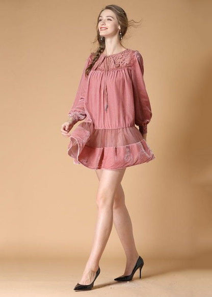 Organic Pink O Neck Patchwork Velour Dress Spring Ly0010