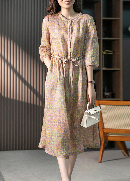 Organic Pink O-neck Print Drawstring Linen Maxi Dresses Summer Ly1761
