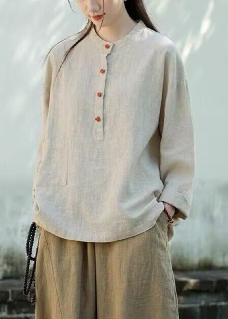 Organic Tea Green Stand Collar Linen Blouse Tops Long Sleeve Lk006