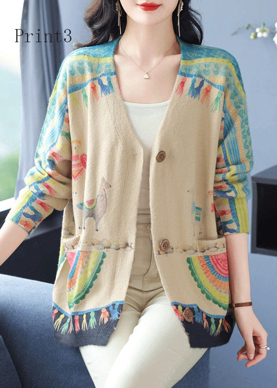 Organic V Neck Print Pockets Woolen Cardigan Spring Tq013