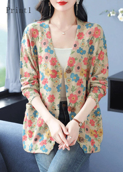 Organic V Neck Print Pockets Woolen Cardigan Spring Tq013