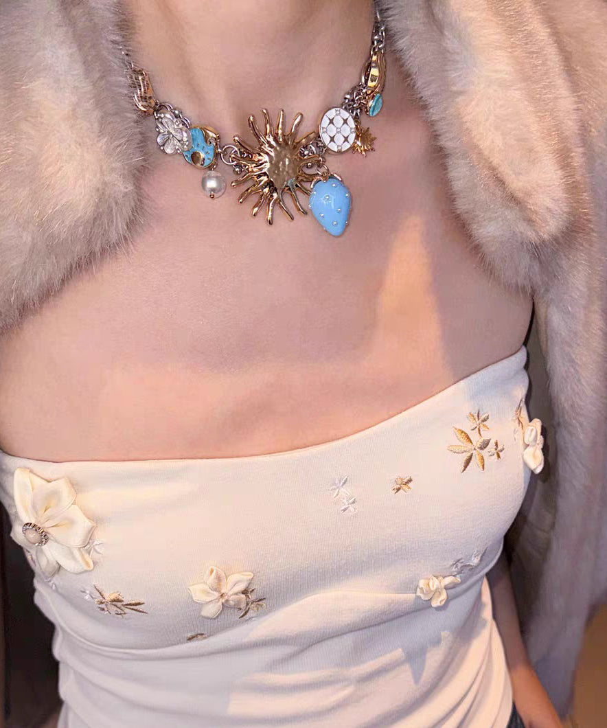 Original Blue Stainless Steel Strawberry Sun Pendant Necklace
