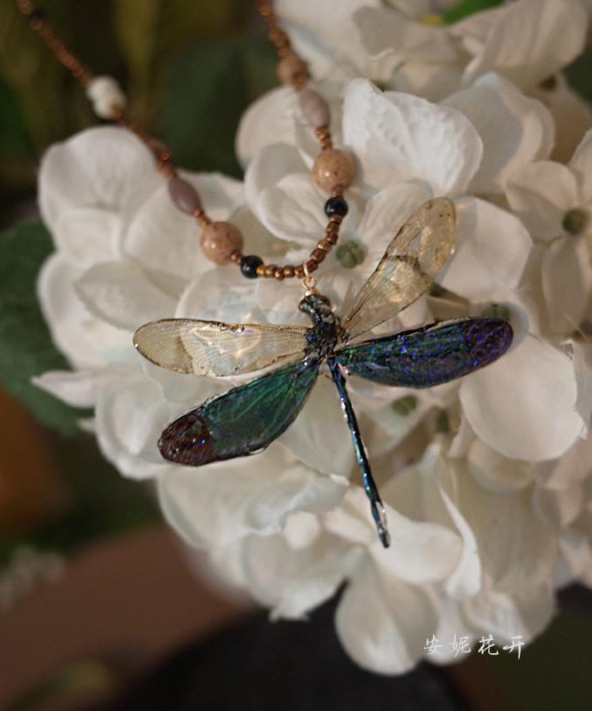 Original Design Colorblock Beading Dragonfly Pendant Necklace Qj052