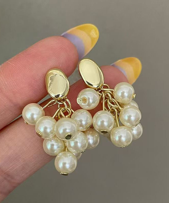 Original Design Gold Copper Overigl Pearl Grape Tassel Drop Earrings