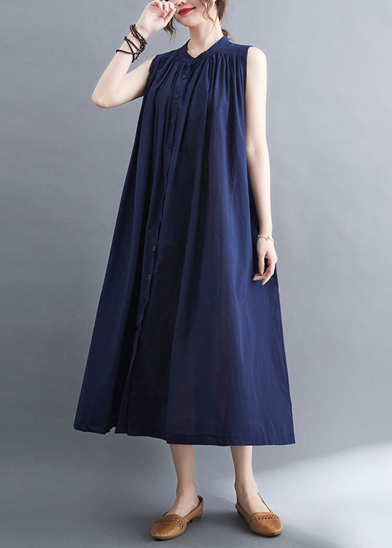 Original Design Navy O-neck Button Cotton Maxi Dress Sleeveless Ac2041