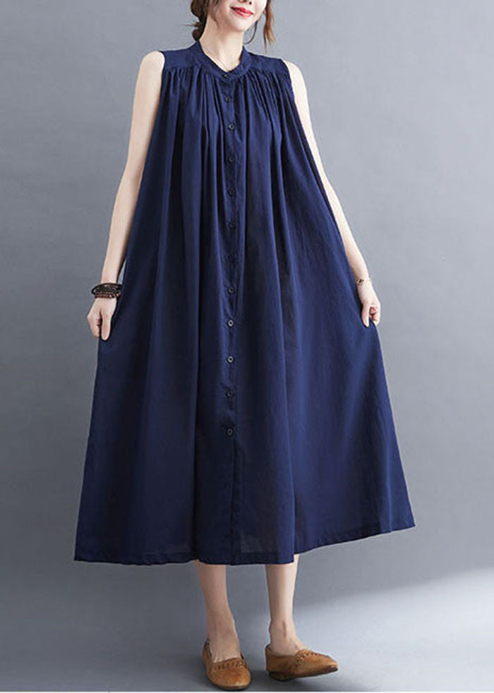 Original Design Navy O-neck Button Cotton Maxi Dress Sleeveless Ac2041