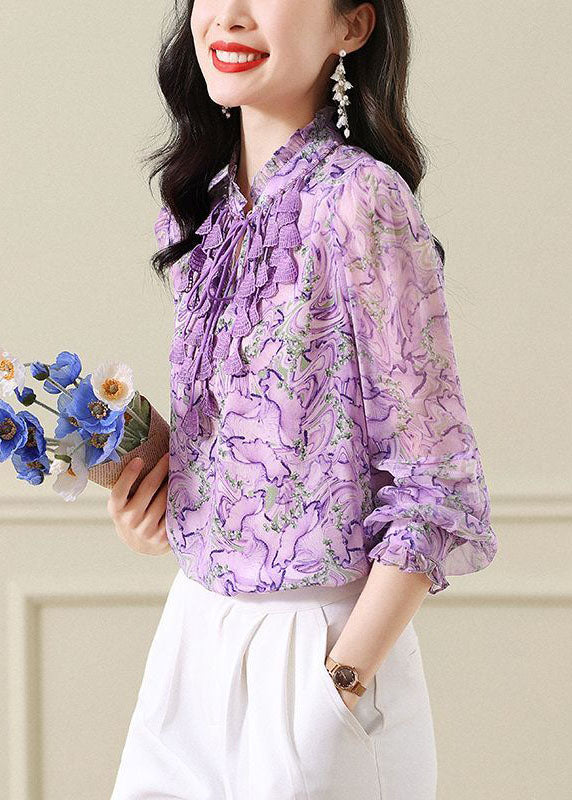 Original Design Purple Stand Collar Ruffled Print Chiffon Blouse Top Spring Fr2031