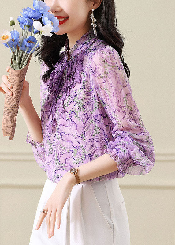 Original Design Purple Stand Collar Ruffled Print Chiffon Blouse Top Spring Fr2031