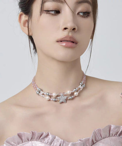 Original Design Rainbow Alloy Zircon Pearl Pentagram Double-layer Princess Necklace