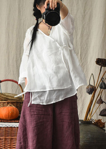Original Design Red V Neck Lace Up Linen Blouses Summer Lk029