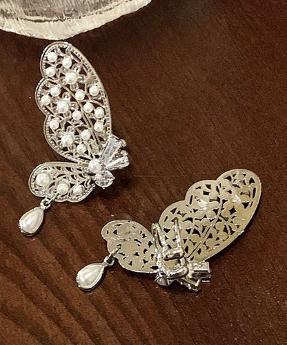 Original Design Silk Copper Overgild Zircon Pearl Hollow Out Butterfly Stud Earrings