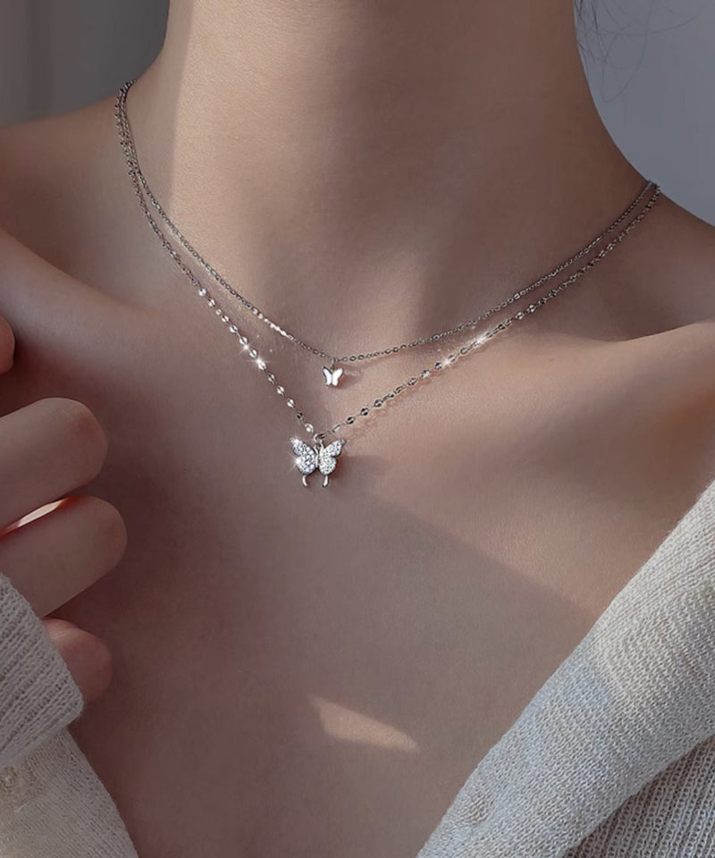 Original Design Silk Sterling Silver Double Layer Butterfly Pendant Necklace Et015